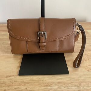 Coach Tan Leather Buckle Wristlet Clutch with Silver Hardware
